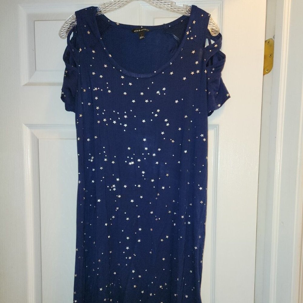 Rock & Republic Blue Silver Stars Cold Shoulder Dress Rayon Stretch Small NEW